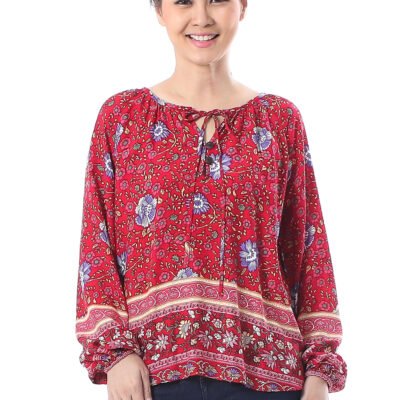Floral Rayon Blouse in Poppy Crafted in Thailand, 'Poppy Garden'