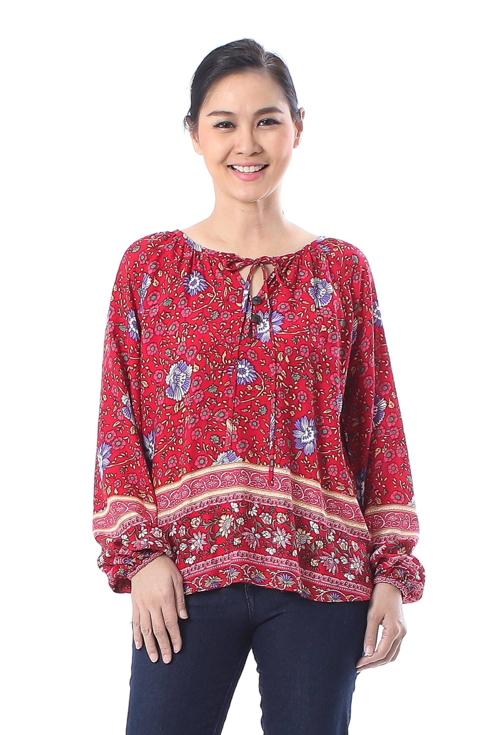 Floral Rayon Blouse in Poppy Crafted in Thailand, 'Poppy Garden'