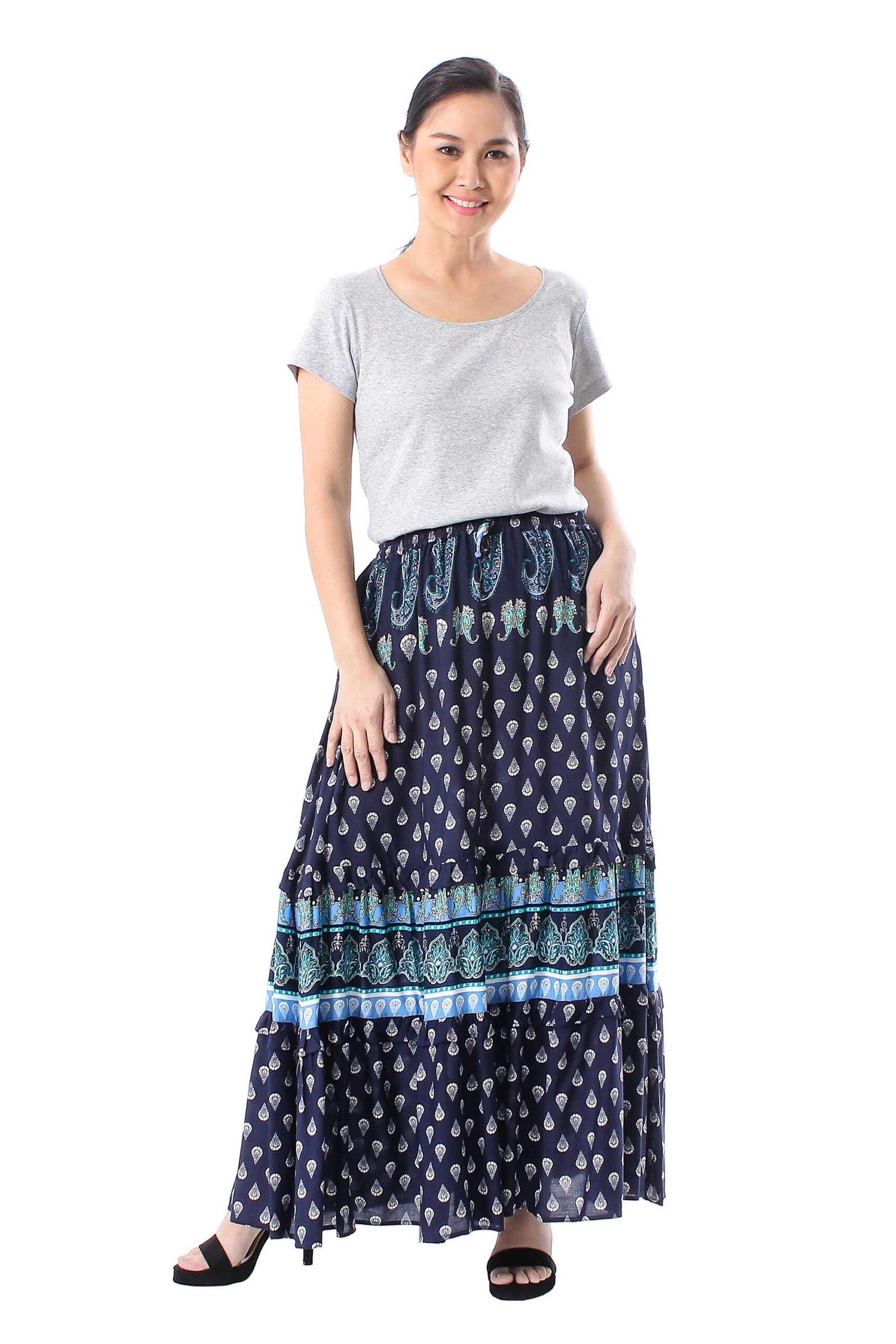 Indigo Paisley Motif Rayon Skirt Crafted in Thailand, 'Paisley Park'